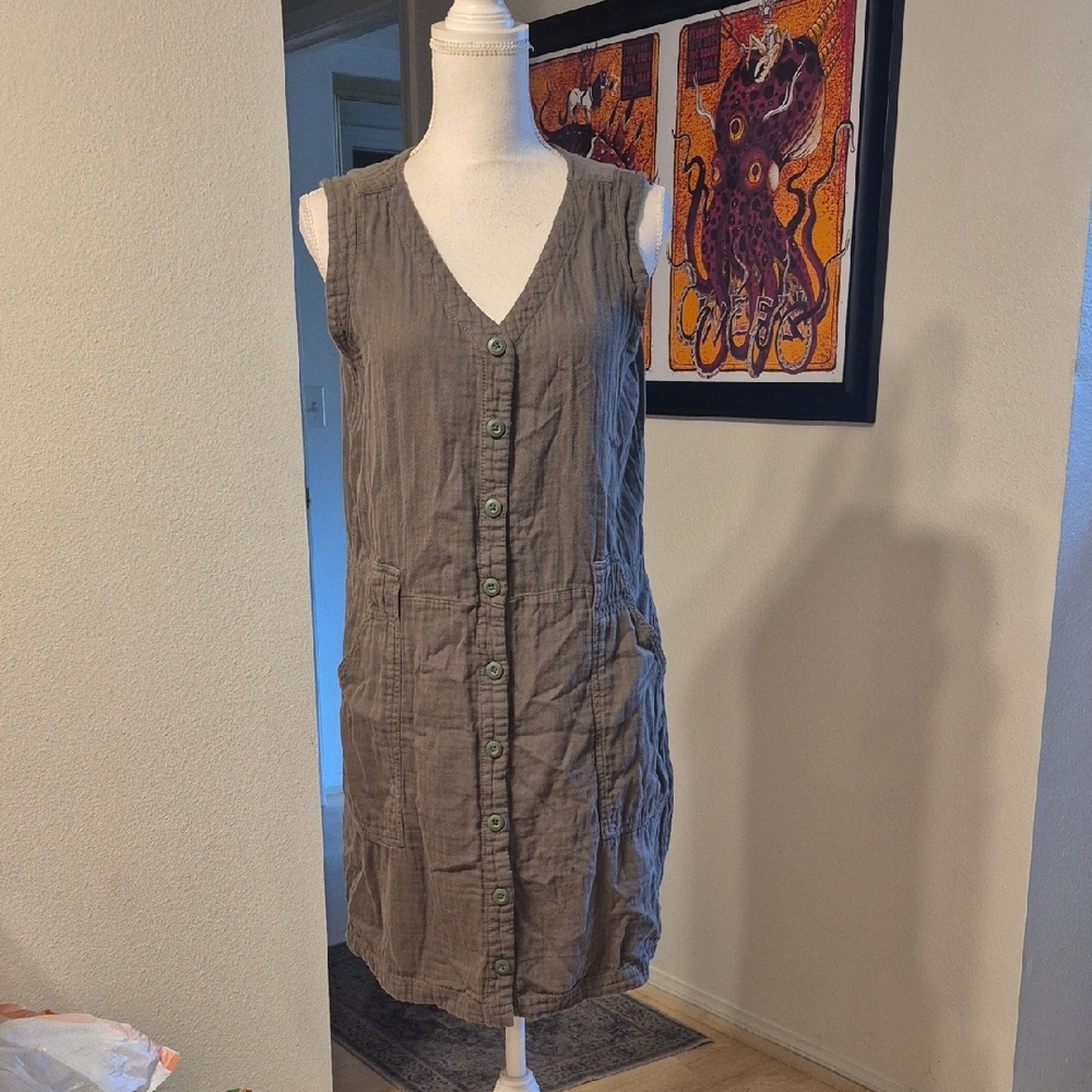 Old Navy Olive Green 100% Cotton Midi Dress Buttons 2 Pockets Sleeveless Vneck